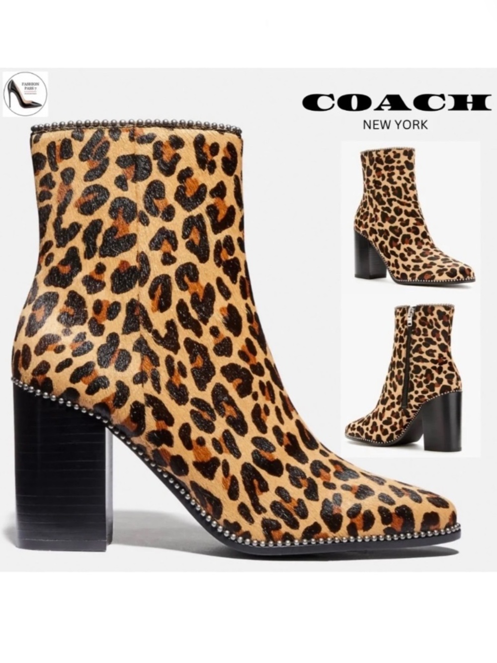 COACH Brown Drea Beadchain Leopard Block Heel Almond Toe Ankle Boots Booties 7